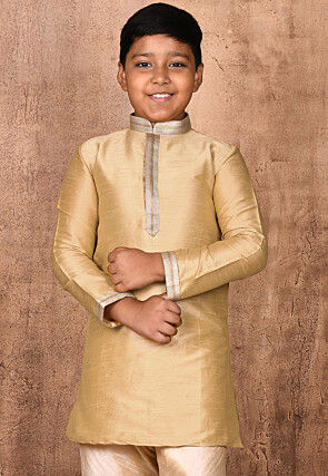 Embroidered Placket Dupion Silk Kurta in Beige