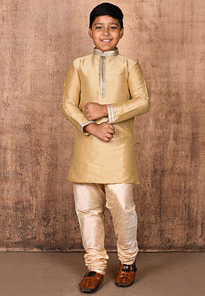 Embroidered Placket Dupion Silk Kurta in Beige