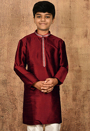 Embroidered Placket Dupion Silk Kurta in Maroon