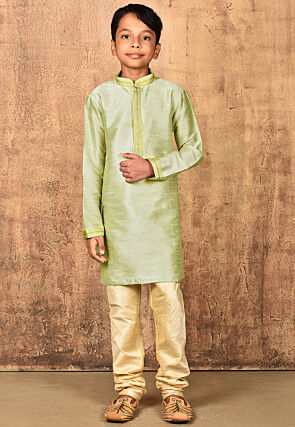 Embroidered Placket Dupion Silk Kurta Set in Pastel Green