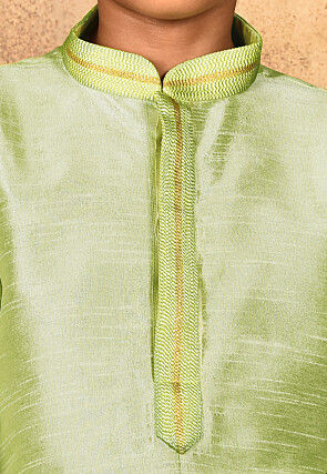 Embroidered Placket Dupion Silk Kurta Set in Pastel Green