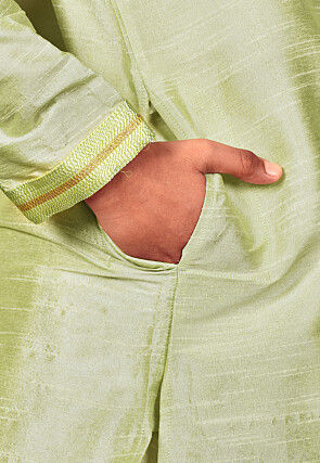 Embroidered Placket Dupion Silk Kurta Set in Pastel Green
