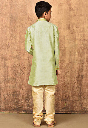 Embroidered Placket Dupion Silk Kurta Set in Pastel Green