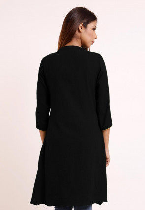 Embroidered Pocket Cotton Slub A Line Pleated Kurti in Black