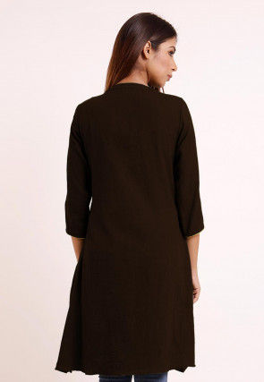 Embroidered Pocket Cotton Slub A Line Pleated Kurti in Dark Brown