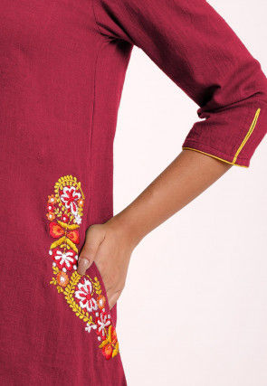 Embroidered Pocket Cotton Slub A Line Pleated Kurti in Magenta