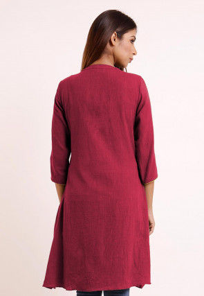 Embroidered Pocket Cotton Slub A Line Pleated Kurti in Magenta