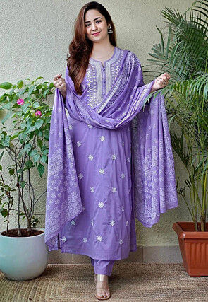 Embroidered Poly Cotton A Line Suit in Purple