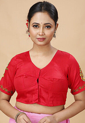 Embroidered Poly Cotton Blouse in Red