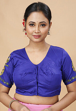 Embroidered Poly Cotton Blouse in Royal Blue
