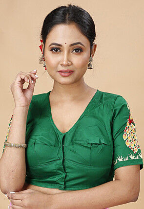 Embroidered Poly Cotton Blouse in Teal Green