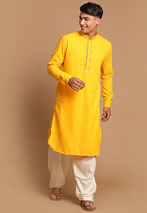 Embroidered Poly Cotton Dhoti Kurta in Yellow