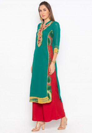 Embroidered Cotton Kurta Set in Teal Green