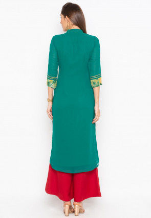 Embroidered Cotton Kurta Set in Teal Green