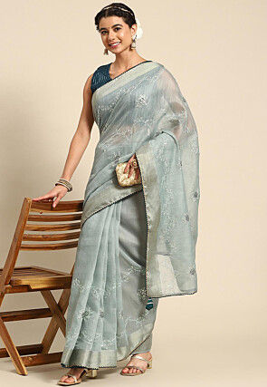 Embroidered Cotton Saree in Grey