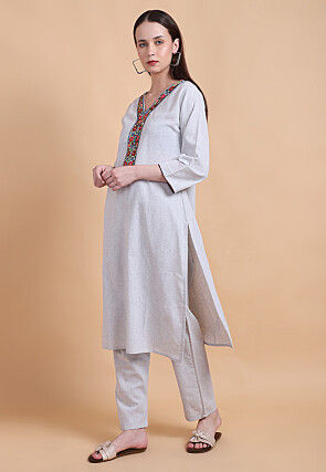 Embroidered Poly Cotton Straight Kurta Set in Off White