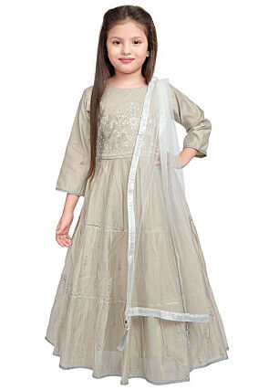 Embroidered Polyester Abaya Style Suit in Grey