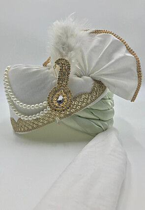 Embroidered Polyester and Satin Turban in Off White and Light Green
