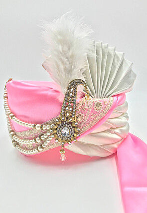 Embroidered Polyester and Satin Turban in Off White and Pink