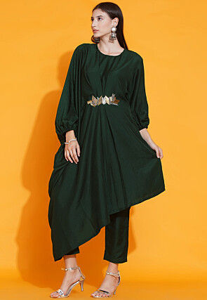 Embroidered Polyester Asymmetrical Style Top in Dark Green