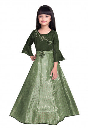 Embroidered Polyester Jacquard Gown in Green