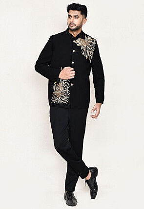 Embroidered Polyester Jodhpuri Suit in Black