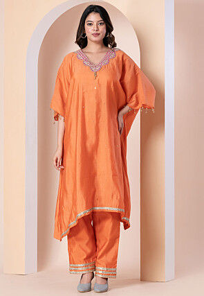 Embroidered Polyester Kaftan Set in Orange