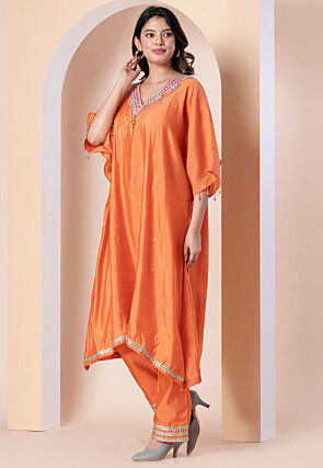 Embroidered Polyester Kaftan Set in Orange