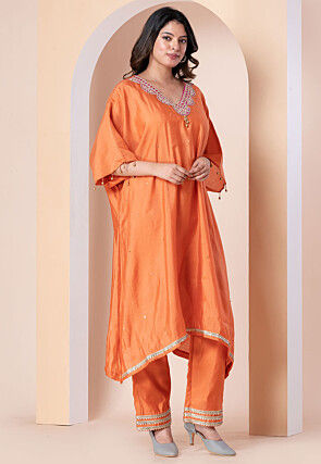 Embroidered Polyester Kaftan Set in Orange
