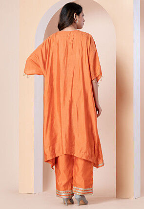 Embroidered Polyester Kaftan Set in Orange