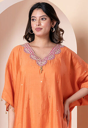 Embroidered Polyester Kaftan Set in Orange