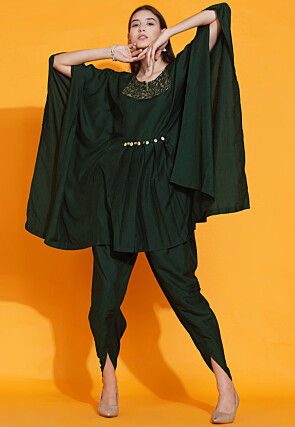 Embroidered Polyester Kaftan Style Top Set in Dark Green