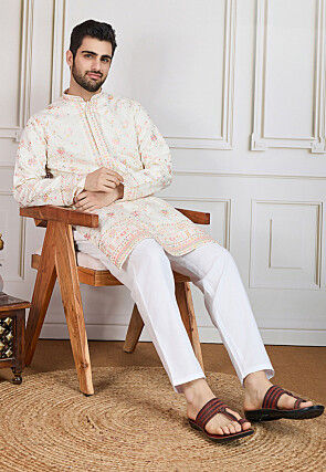 Embroidered Polyester Kurta in Cream