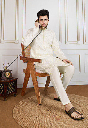 Embroidered Polyester Kurta in Cream