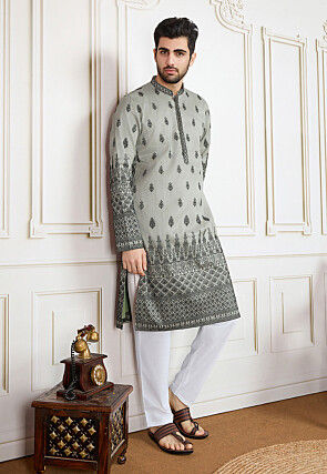 Embroidered Polyester Kurta in Light Grey