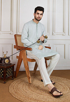 Embroidered Polyester Kurta in Pastel Green