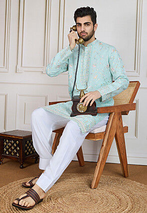 Embroidered Polyester Kurta in Pastel Green
