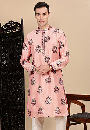 Embroidered Polyester Kurta in Peach
