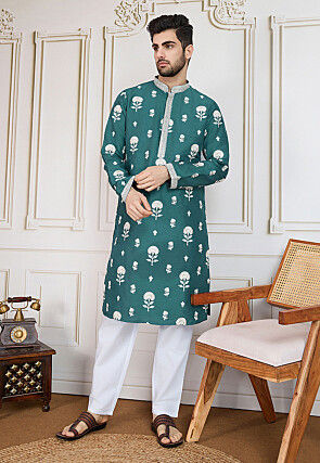 Embroidered Polyester Kurta in Teal Blue