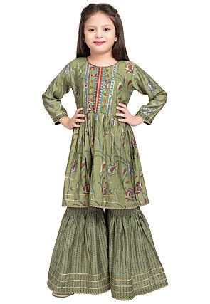 Embroidered Polyester Kurta Set in Olive Green