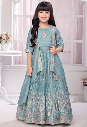 Embroidered Polyester Lehenga in Light Blue