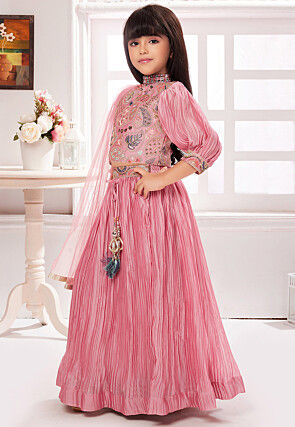 Embroidered Polyester Lehenga in Pink