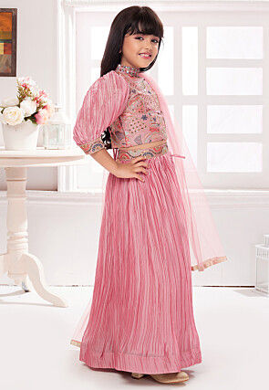 Embroidered Polyester Lehenga in Pink