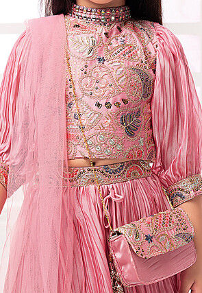 Embroidered Polyester Lehenga in Pink