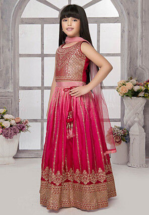 Embroidered Polyester Lehenga in Pink