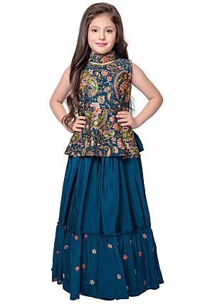 Embroidered Polyester Lehenga in Teal Blue