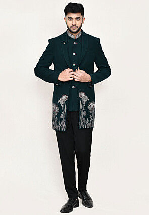 Embroidered Polyester Jodhpuri Suit in Teal Green