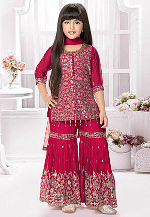 Embroidered Polyester Pakistani Suit in Fuchsia