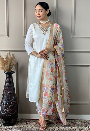 Embroidered Polyester Pakistani Suit in Off White