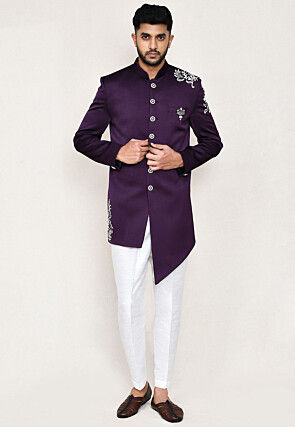 Embroidered Polyester Sherwani in Purple